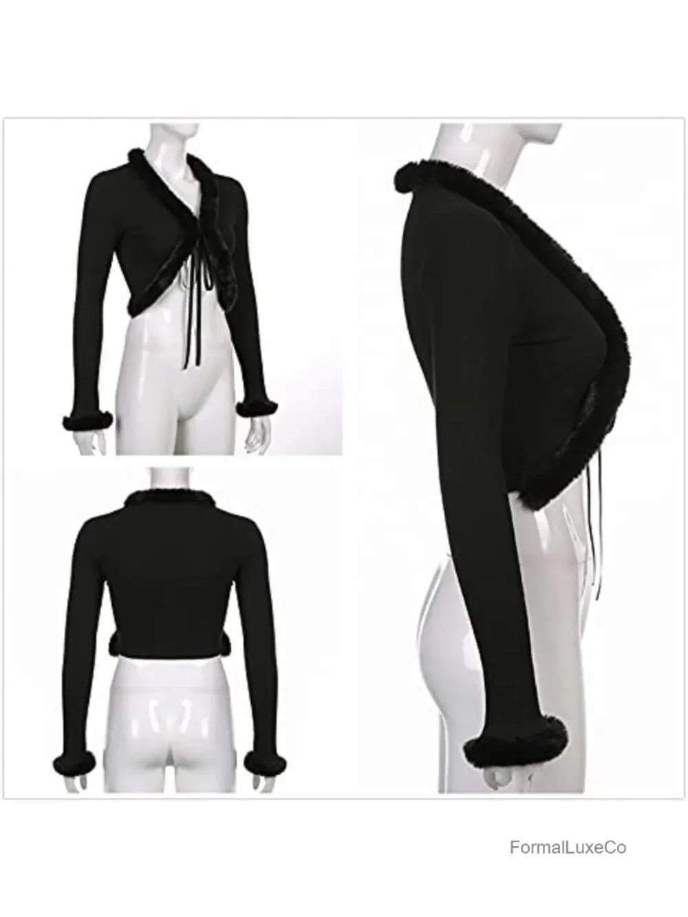 Women's Feather Trim Long Sleeve Cardigan Crop Top Rave Festival Clubwear